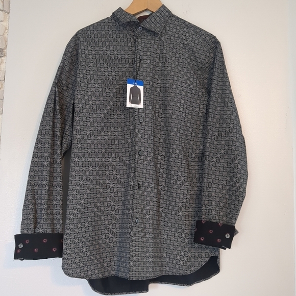 NWT Ted Baker Shirt Men's Large Black Geometric Flip Cuff Button Luxury Cotton - Picture 1 of 10